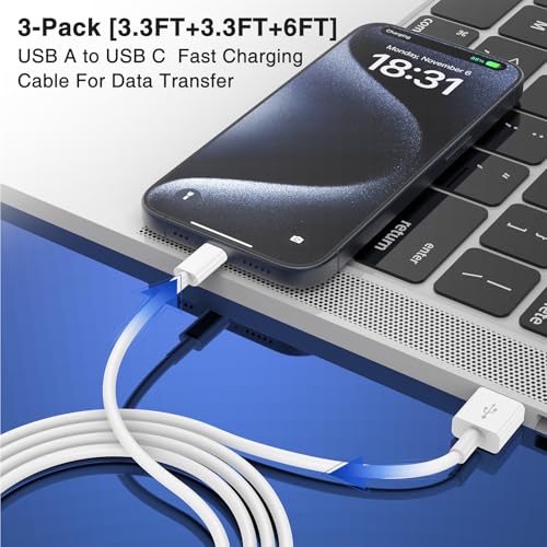 Car Carplay Cable for iPhone 17 16 15 ，3-Pack [3.3FT+3.29FT+6FT] USB A to USB C Cable for iPhone 17 16 15，for iPad Pro/Air/Mini，for Galaxy S25 S24，for MacBook Pro/Air and More