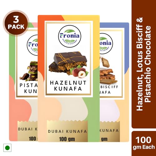 Image of Fronia Kunafa Chocolate Triple-Flavor Combo Pack Dubai Style - Pistachio, Hazelnut & Lotus Bisciff Kunafa Chocolate Dessert, Milk Chocolate with Creamy Pistachio, Hazelnut & Lotus Bisciff Filling & Crunchy Kunafa Layers | 100g Each