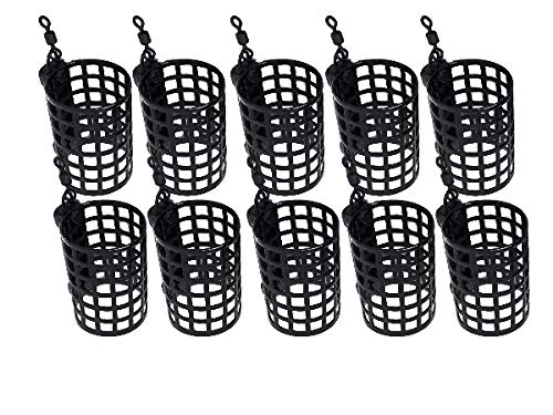 BZS Alloy Steel Round Cage Feeder for Carp Coarse Match Barbel Sea Fishing Tackle Black Cage Metal Feeder with Swivel - Pack of 10, 25g