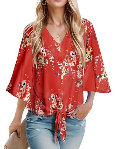 Womens Casual Tie Front Tops Floral Dolman Tops 3/4 Sleeve V Neck Loose Fitted Boho Summer Blouse Shirt