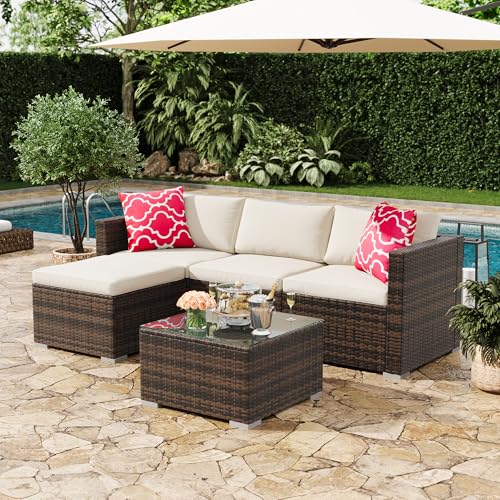 Image of GAOMON 5 Pieces Patio Furniture Sets All Weather Outdoor Sectional Patio Sofa Manual Weaving Wicker Rattan Patio Seating Sofas with Cushion and Glass Table