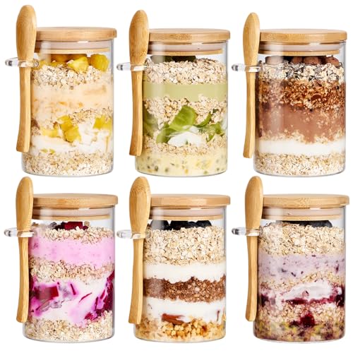 Image of 6 Pack Overnight Oats Containers with Bamboo Lids and Spoons - 22 oz Airtight Glass Jars with Lid, Meal Prep Jars for Chia Pudding, Yogurt, Salad, Cereal, Coffee, Flour | Food Storage Canister