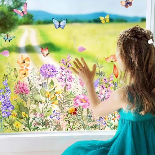 COMOOKA 3 Bögen Fensterbilder Frühling Groß Fensterbilder Sommer Fensteraufkleber Frühling Fensteraufkleber Sommer Blumen Schmetterling Fensterfolie Zweiseitig