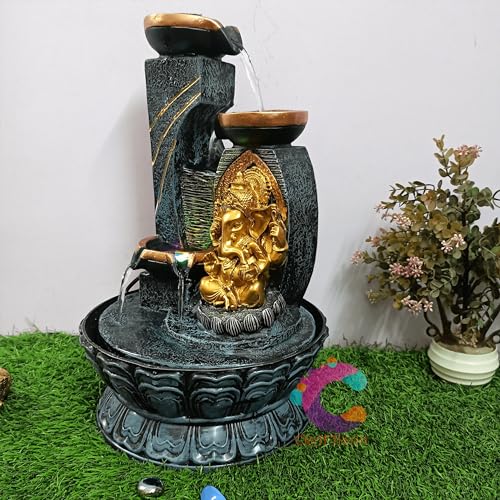 Image of Decorative Water Fountain for Home Decor, Office, Indoor & Outdoor, Garden, Puja Room, Vaastu, Reception, Spa, Gifting. (3 Step Diya Ganesh (Golden))