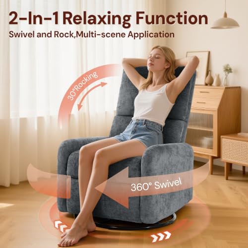 Image of Korser 360 Rocking Chair, Nursery Rocker Chair with Side Pockets, Glider Nursing Chair with Steel Structure Base, Small Chair for Small Spaces, Chenille Swivel Accent Chairs for Living Room, Nursing