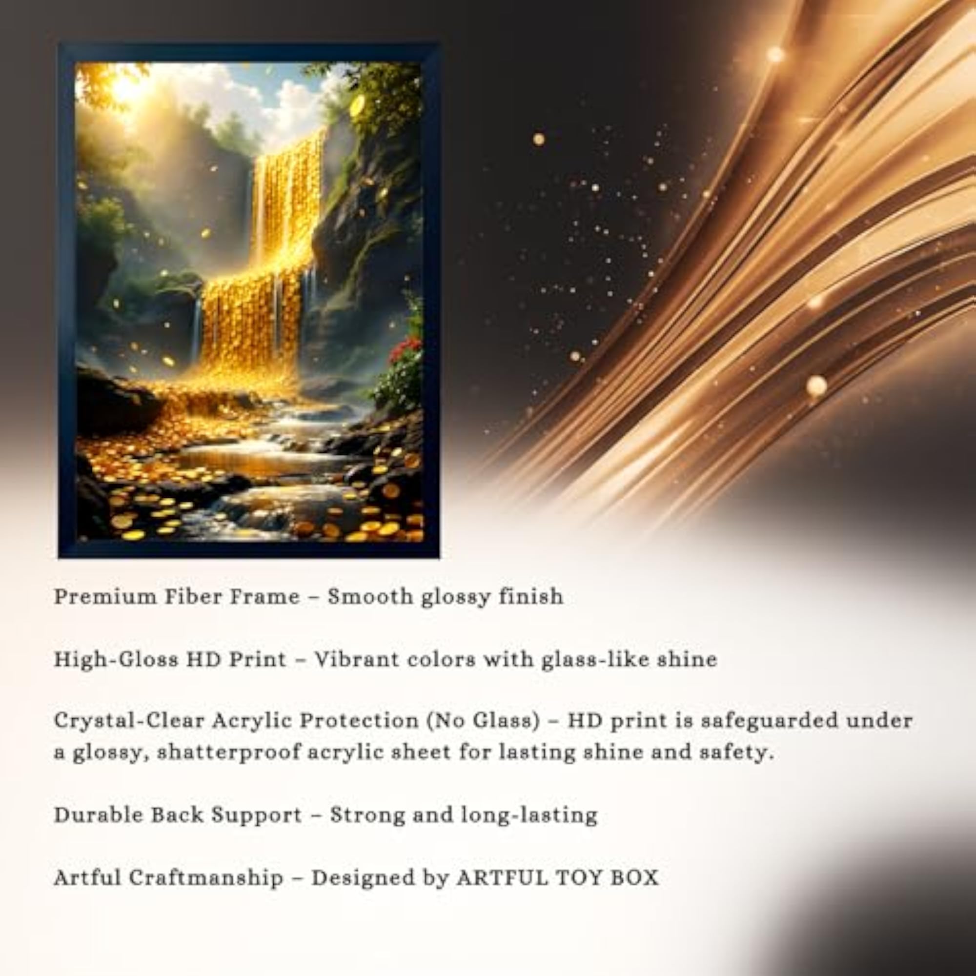Golden Nature Waterfall Photo Frame, Wealth Flow Wall Decor