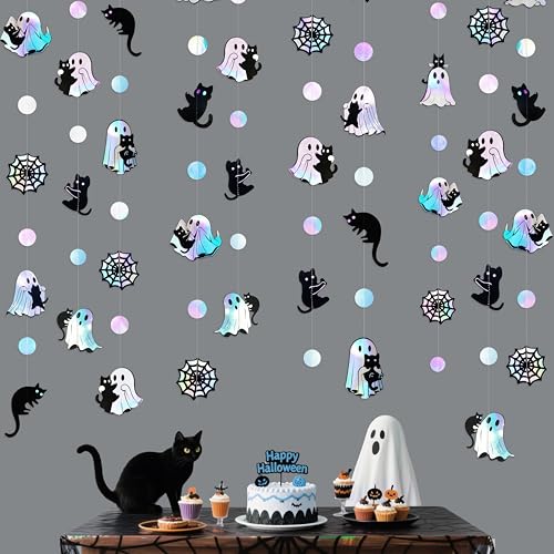 Image of Iridescent Black Halloween Decorations Holographic Ghost Black Cat Spider Web Polka Dot Paper Hanging Garland Streamer Banner for Halloween Birthday Bachelorette Wedding Shower Party Supplies