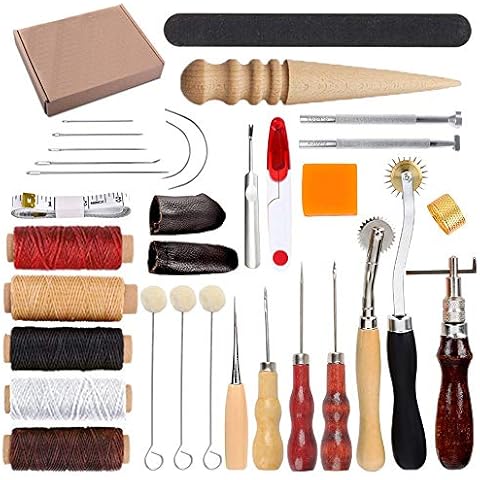 HOSTK 33pc DIY Leather Craft Hand Kit Tools Set for Sewing Stitching Stamping Carving Saddle Leather Artwork Accessories Awl Thimble Cover