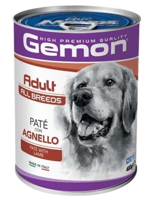 Gemon Umido Cane Adult All Breeds gusto AGNELLO, morbido patè per cani adulti, alimento completo | 12 scatolette da 400 grammi l’una.