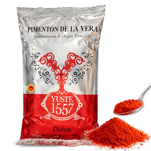 Pimentón de la Vera Ahumado Dulce, Denominación Origen Protegida, Pimentón Yuste 1557, Producido en Extremadura, Ideal para guisos, carnes, salsas y platos tradicionales, 1 bolsa de 250 gr