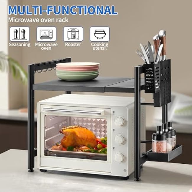 Microwave Oven Rack,Extendable Microwave Stand countertop, Adjustable Metal Storage Rack, Expandable Kitchen Countertop Organizer, Microwave Stand countertop