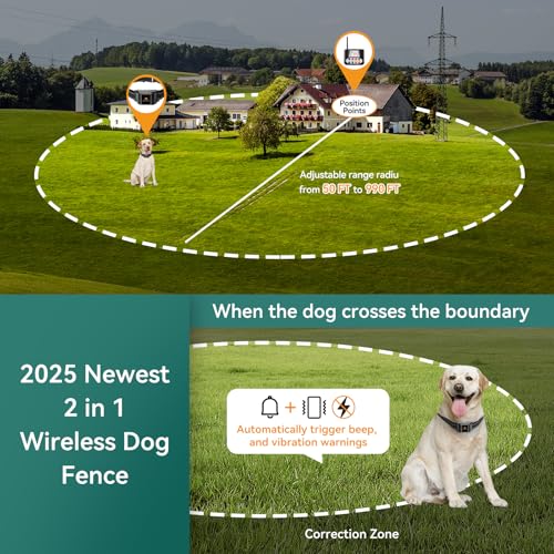 Electric Fence for Dogs, 2-in-1 Wireless Dog Fence System, Wireless Dog Fence with Remote Training Collar, Electric Dog Fence IPX6 Waterproof, Dog Fence Wireless Outdoor for Yard