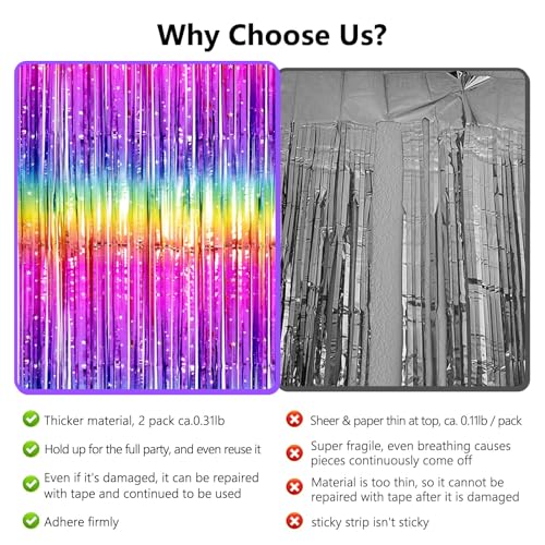 Image of Thicken Neon Rainbow Streamers 2 Pack 3.3 x 6.6 FT, Tinsel Backdrop Curtains for Birthday Decrorations, Foil Fringe Photo Backdrop for 80s 90s Disco Party Decorations