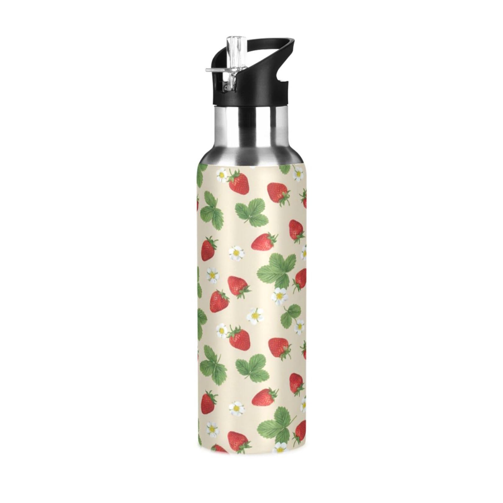 BOESI Strawberry Pattern Insulated Water Bottle 600ml, Stainless Steel Vacuum Sports Bottle with Straw, Leak Proof Thermal Bottle for Gym Travel Outdoor