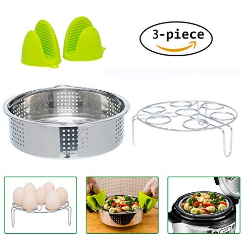 Instant Pot Accessories Steamer Basket and Egg Steamer Rack ,Stainless Steel Vegetable Steam Rack Stand for Pressure Cooker. Bonus Pair of Mini Oven Mitts（Fits Instant Pot 5,6,8 qt Pressure Cooker）