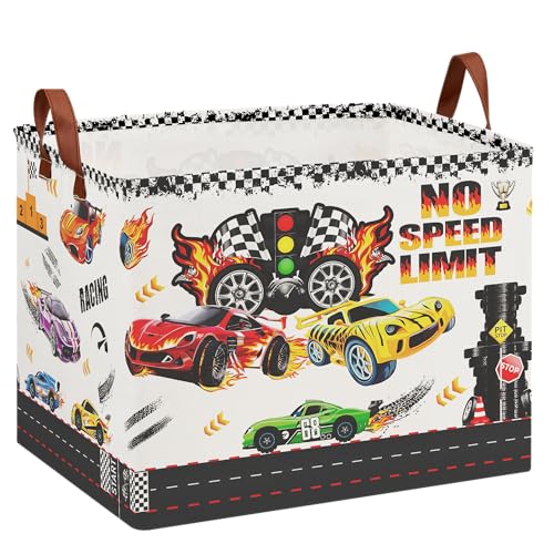 Image of Race Car Storage Basket for Boys, 36L Waterproof Toy Clothes Storage Bin with Speed Limit Sign, Car Themed Room Decor for Nursery, Bedroom, Bathroom, Checkered Design Kids Laundry Hamper