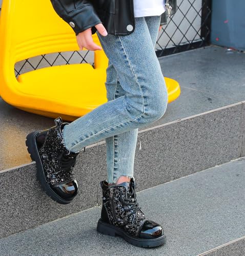 DADAWEN Boy's Girl's Glitter Sequin Ankle Boots Lace Up Waterproof Combat Boots with Side Zipper for Toddler/Little Kid/Big Kid3