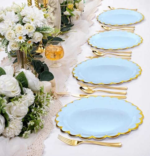 Image of HEIPINIUYE 50 Pieces Light Blue Paper Plates with Gold Foil 9 Inch Disposable Baby Blue Scalloped Dinner Plates for Wedding Baby Shower Birthday Party Dessert Plate