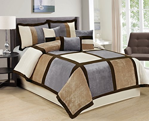 7 Piece Brandy Patchwork Comforter Set Queen 4 Color (Coffee/Grey/White-04)