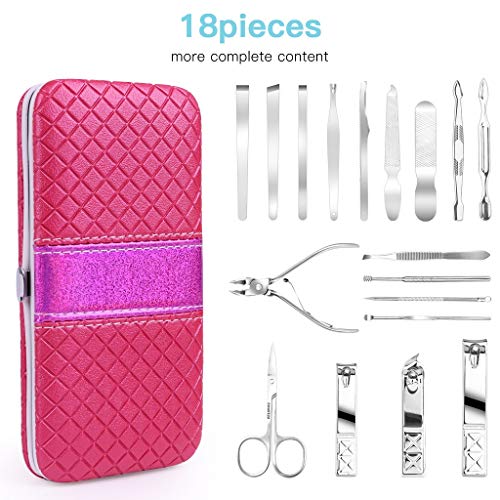 Nail Clippers Set 18PCS Manicure Set Manicure & Pedicure Tools Professional Nails Includes Scissor Tweezer Knife Ear Pick Cuticle Remover Tools - Nail Care Tools with Travel Case (pink)