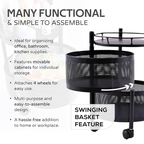 Image of Fun Homes 2 Layer Round Metal Vegetable Rack for Kitchen | Rotating Fruits & Pantry Items Stand | Multipurpose Kitchen Mesh Trolley Storage Rack with Wheels for Home | Onion-Potato Stand | Black