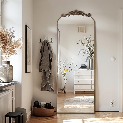 LunaMirror Espejo de pie de calado 146x44cm Espejo de cuerpo entero con aplicación tallada vintage y elegante Decoración retro para el hogar Espejo de pared para sala de estar, dormitorio, vestíbulo