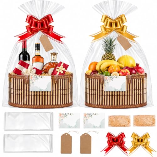 Myfivo 2 Set Bambus Geschenkkorb leer mit Schleife Geschenkfolie transparent Grußkarten Füllmaterial Geschenk Etikett 30 x 20 x 15 cm Präsentkorb leer geeignet für Geschenke Partys (Braun)