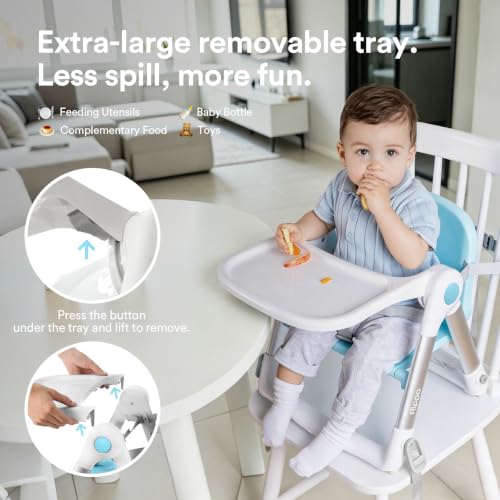 Image of Apramo 3-in-1 Toddler Booster Seat for Kitchen Chair & Dining Table with Removable Tray and Safety Straps, Portable& Foldable Babies Chair for Table, Feeding, Floor & Travel, Blue