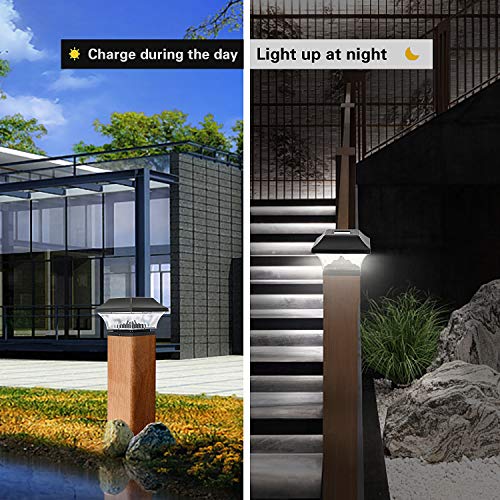 Solar Post Cap Lights Outdoor- 4 Pack LED Fence Post Lights for Wooden Posts Warm White Waterproof for Deck, Patio or Garden Decoration (Black)