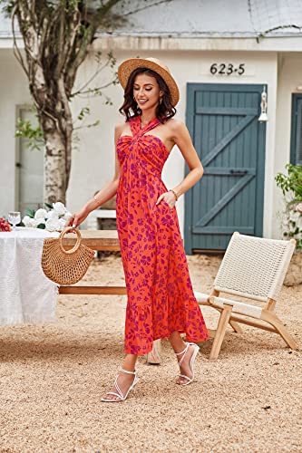 Image of GRACE KARIN Womens Summer Floral Dresses 2026 Boho Maxi Dress Flowy Halter Sundress Casual Vacation Beach Clothes with Pocket
