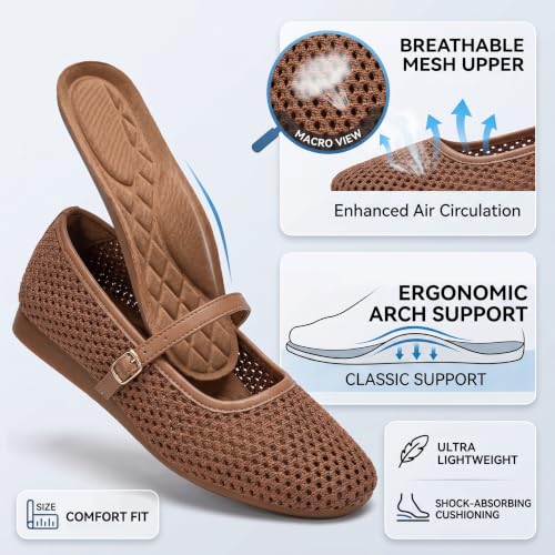 Image of Buyrew Women's Mary Jane Flats Breathable Mesh Square Toe Ballet Flats with Arch Support Washable Non Slip Casual Dress Shoes for Work Office