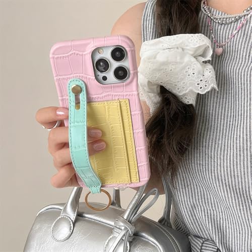 Coque iPhone 13 Pro Max avec porte-carte cuir rose housse support antichoc