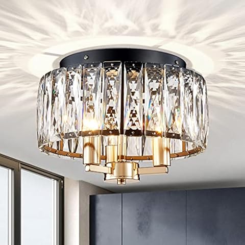 AGV LIGHTING CL002BB Crystal Flush Mount Ceiling Light Fixture, E12 Base 3-Lights, D13 x H15, Shine Gold & Matte Black Finish Cover