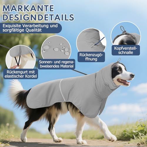 Wasserdichter Hunderegenmantel mit Reflektorstreifen & Leinenöffnung - Atmungsaktiver Regenjacke für Hunde Aller Größen, Winddicht und Verstellbar für Kleine, Mittelgroße & Große Hunde (Grau, M)