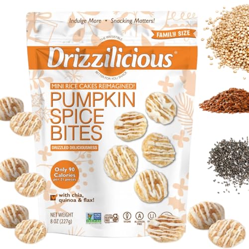 Pumpkin Spice Mini Rice Cakes by Drizilicious, 8 oz Resealable Bag - Gluten Free, Low Calorie Snack with Chia, Quinoa & Flax - Perfect Fall Snack for Lunches & Pantry
