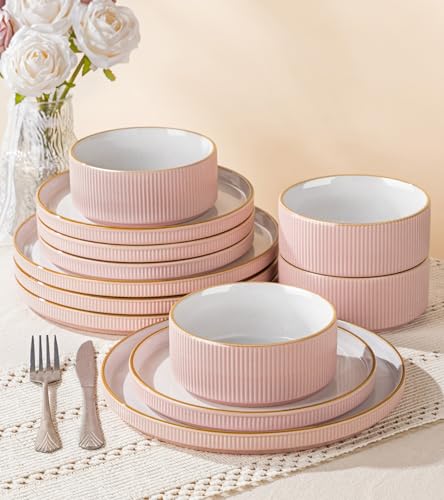 GBHOME Stoneware Dinnerware Sets for 4, 12 Pieces Plates and Bowls Set