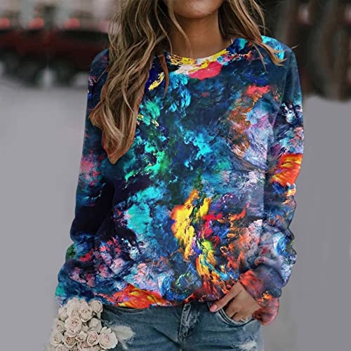 Sweatshirt femme bleu imprimé dégradé col rond pull ample coupe longue confortable