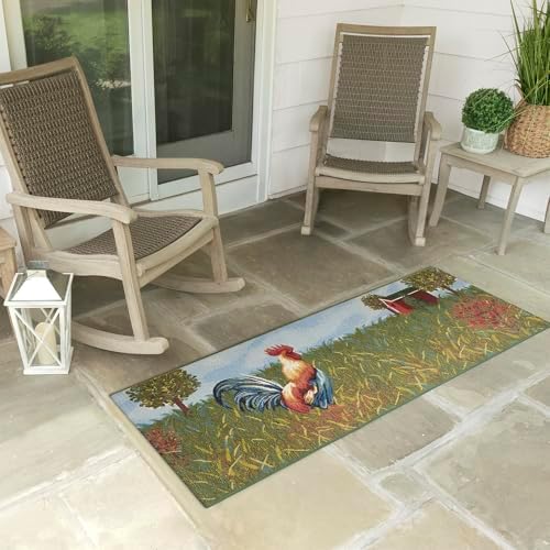 Liora Manne ESENCIA Indoor/Outdoor Power Loomed Latex Back Non Slip Mat - Transitional Whimsical (Rooster Farm Blue) (1'11" x 4'11")