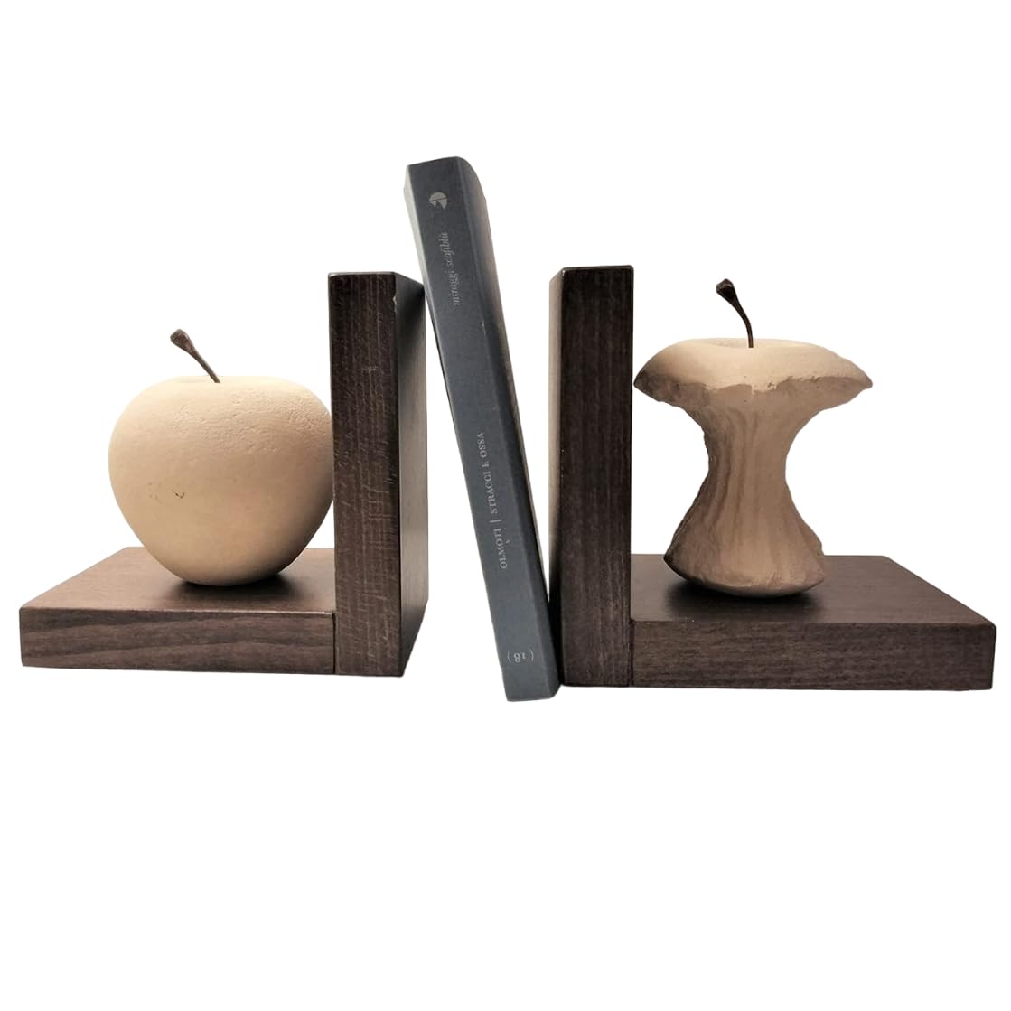 Progetto Arte. Par de sujetalibros Manzana/Manzana Mordida. Escultura de Piedra sobre Base de Madera. Objeto Hecho a Mano.Q027T+Q027M