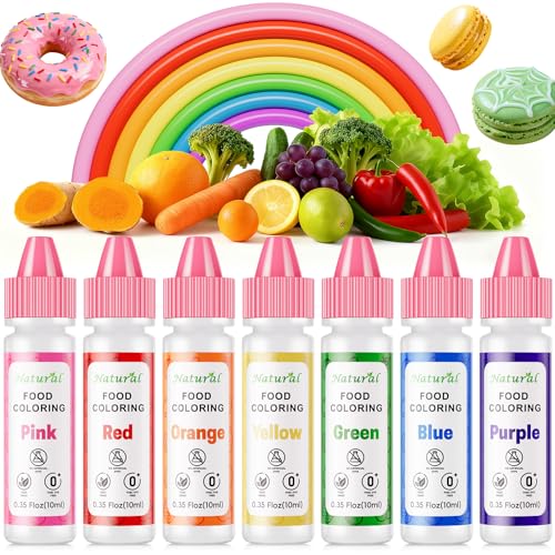 Natural Food Coloring 7 Colors Set 10ml, FD&C Dye Free & No Artificial Dyes Baking Supplies, Vibrant Rainbow Natural Edible Dye for Cake Decorating, Cookie...