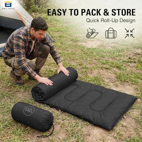 Image of Sleeping Bag for Camping & Travel | Regular Size Lightweight Sleeping Bag (1kg) | Comfortable, Easy to Carry & Store. Pack of 1 (Black)
