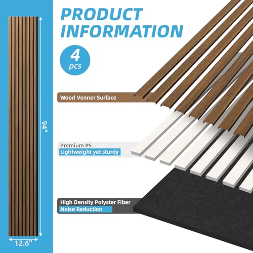 Image of Art3d 94 x 12.6 Inch Acoustic Lightweight Slat Wall Panel, 4-Piece, Walnut