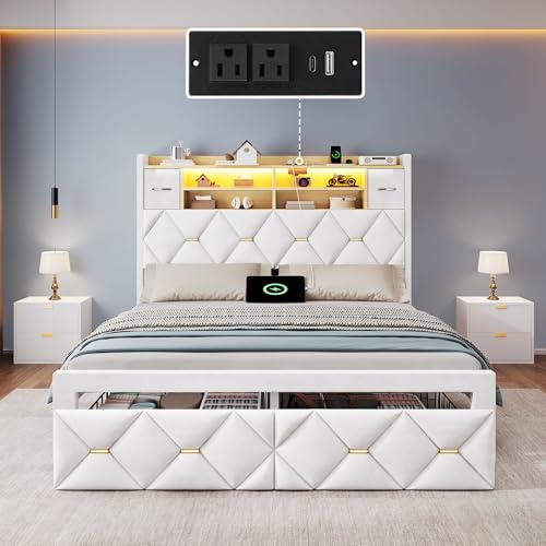 Image of DWVO Full Size Bed Frame with 2 Storage Drawers and Storage Headboard, Upholstered Platform with Charging Station and LED Light, No Box Spring Needed, Noise Free, Easy Assembly, Velvet White
