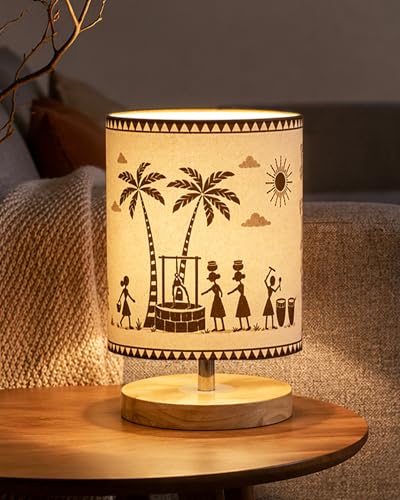 Image of Homesake Pine Table Lamp Wooden Bedside Lamp Simple Bedroom Light Linen Shade Mini Desk Lamp Nightstand Lamp for Bedroom, Living Room, Gift, (Warli Art of India Shade Cylinder)