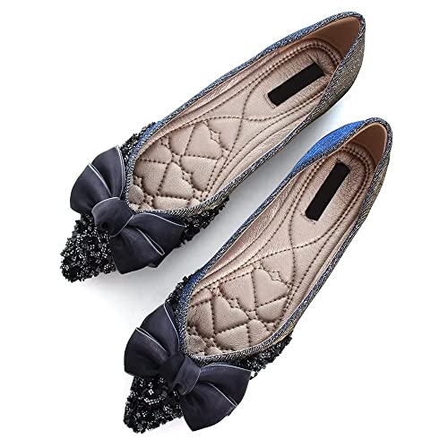 Stunner Bowknot Ballet Flats for Women Cute Bowtie Slip on Pointy Toe Rhinestone Dress Flat Shoes Loarfers