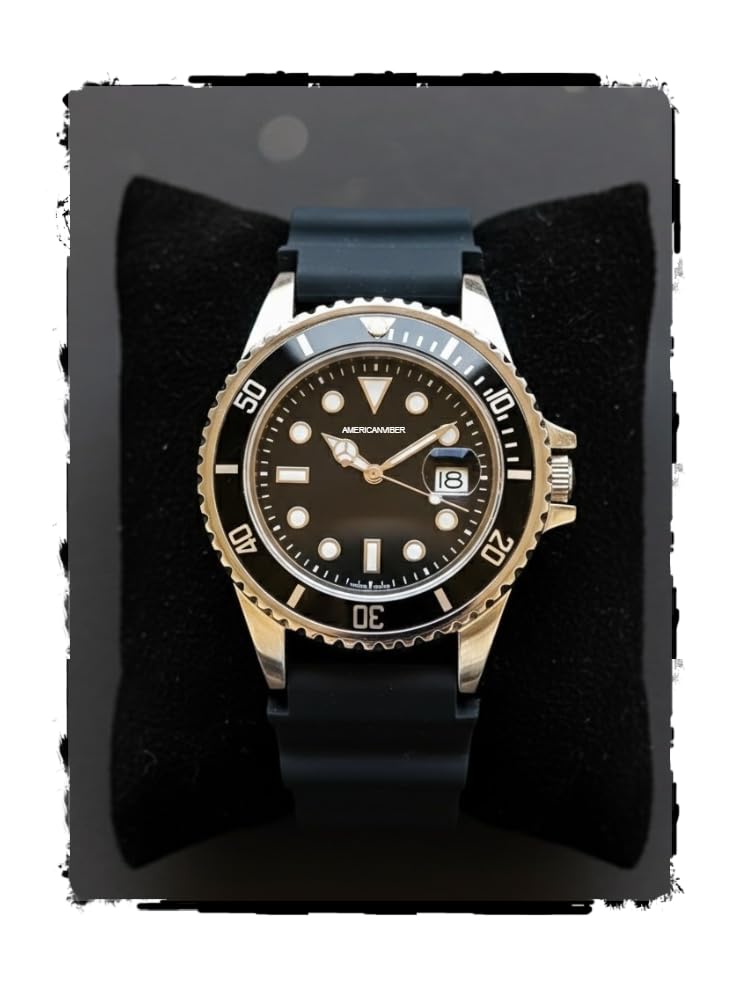Image of AMERICANVIBER Analog Watch for Men with Black Dial, Round Case, Black Rubber Strap, Rotating Bezel, Date Display and Quartz Movement, Black Silver