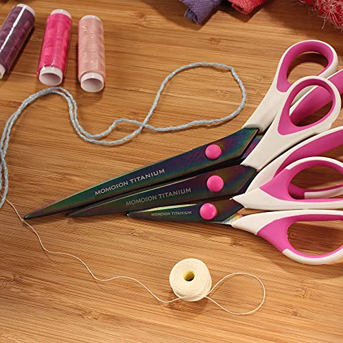 Bamboomn Titanium Softgrip Scissors Set For Sewing, Arts, Crafts, Office - 1 Set Of 3 - White W/Pink Inlays #TOP3