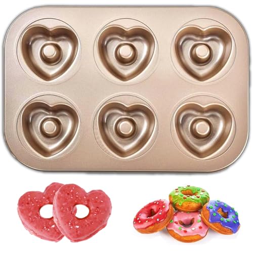 HSYTEK Donuts Backform, Mini-Donutblech, Donut-Form, Kuchenform, Bagel Backform, 6 Vertiefungen, Robuster Stahl, Herzförmige Bund für Backofen (Champagner-Gold)
