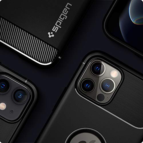 Image of Spigen Rugged Armor Back Cover Case for iPhone 12 Pro /12, Carbon Fiber Detail, Resilient Shock Absorption - TPU | Matte Black