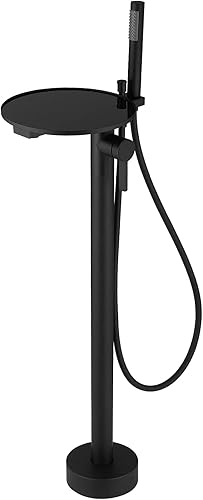 Grifo de bañera independiente color negro mate con ducha de mano de una sola manija grifos de alto caudal para montaje en el suelo con estante BWE